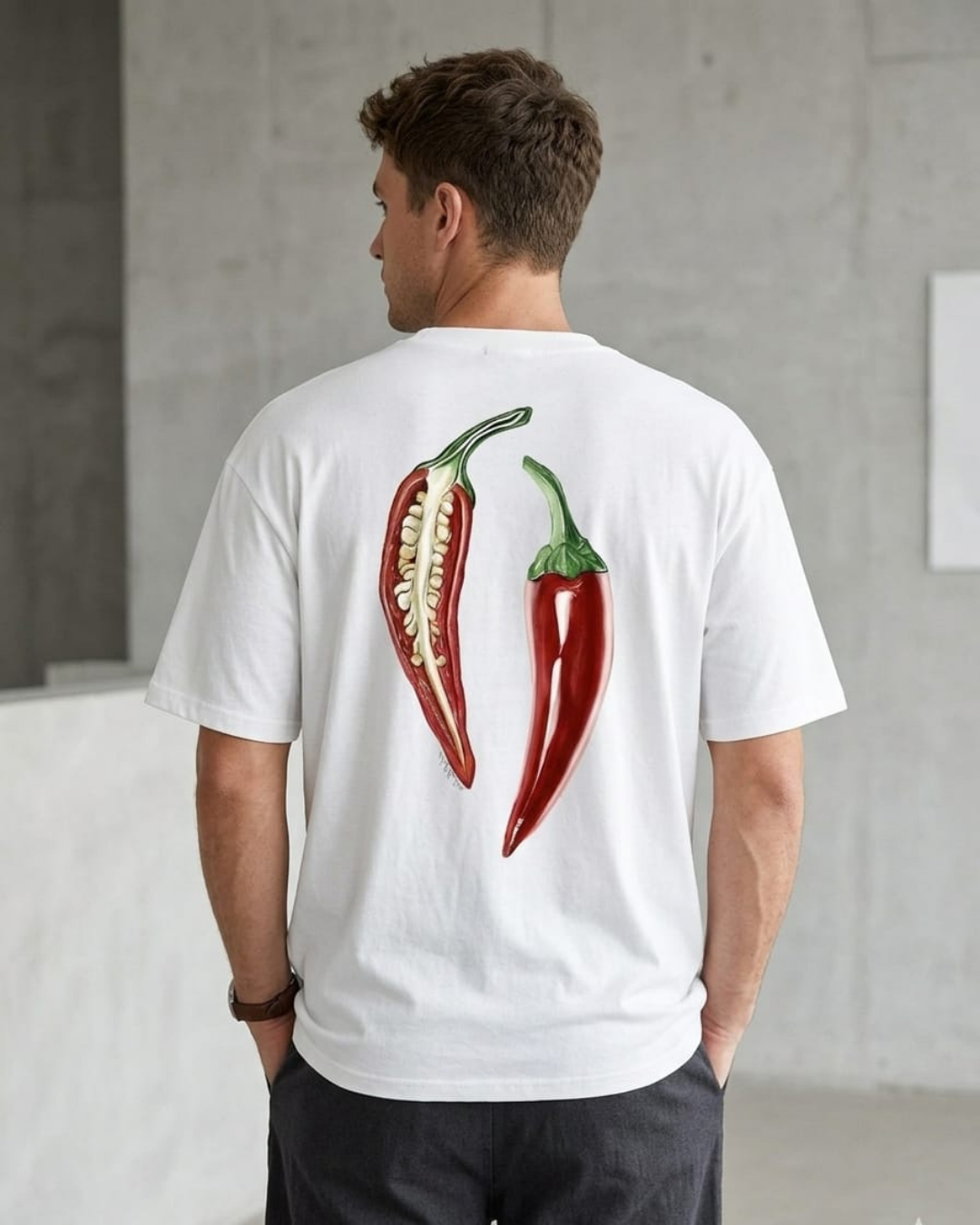 Men’s White Graphic Printed T-Shirt | Chili Design Back Print | Premium Cotton Tee