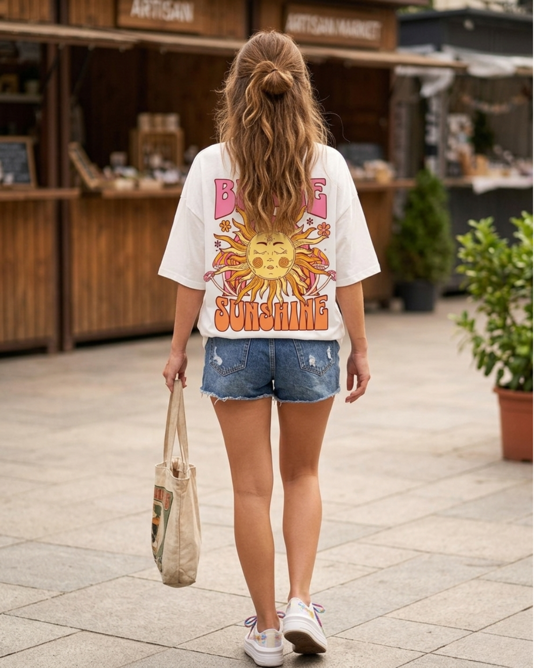 Women’s Oversized Graphic Printed T-Shirt – “Be Sunshine” Back Print | Casual Summer Wear