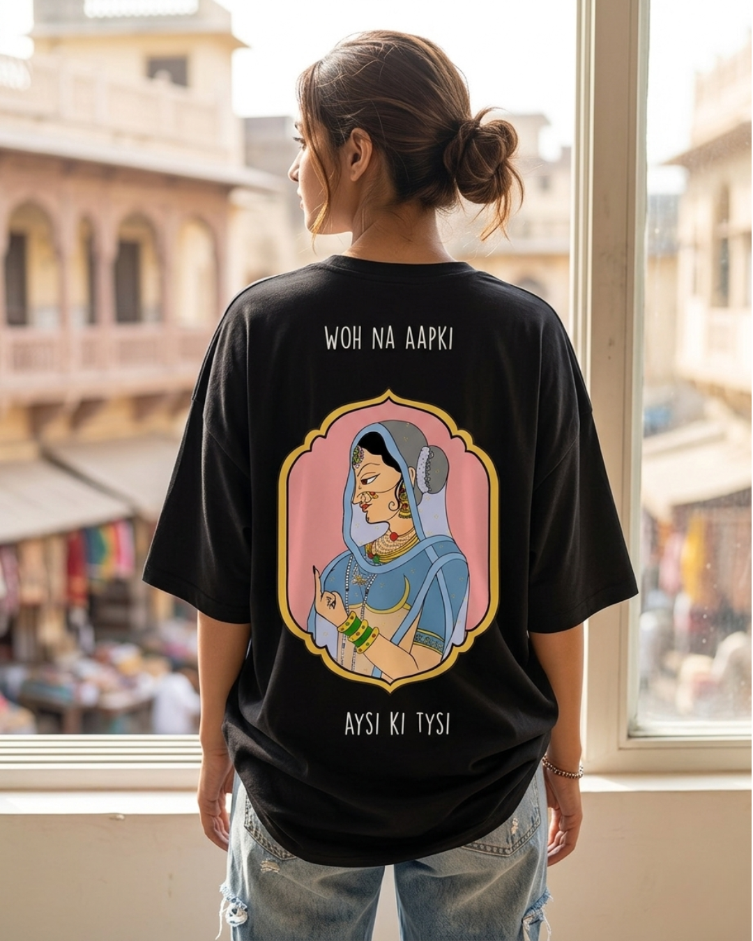 Women’s Oversized Graphic Printed T-Shirt – “Woh Na Aapki Aysi Ki Tysi” Back Print | Black Cotton Tee