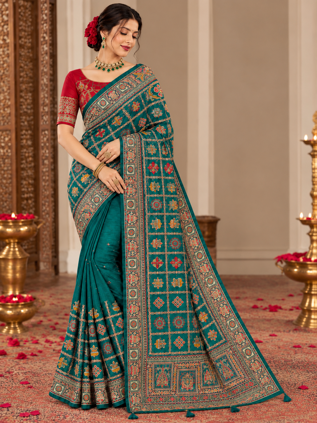 Women's Vichitra Silk Patola Embroidery Saree with Contrast Unstitched Blouse Piece - Image 16