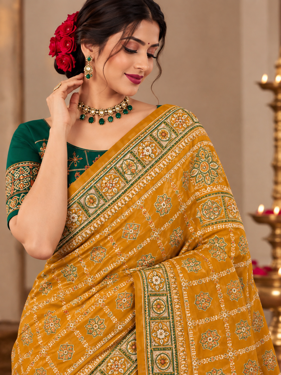 Women's Vichitra Silk Patola Embroidery Saree with Contrast Unstitched Blouse Piece - Image 10