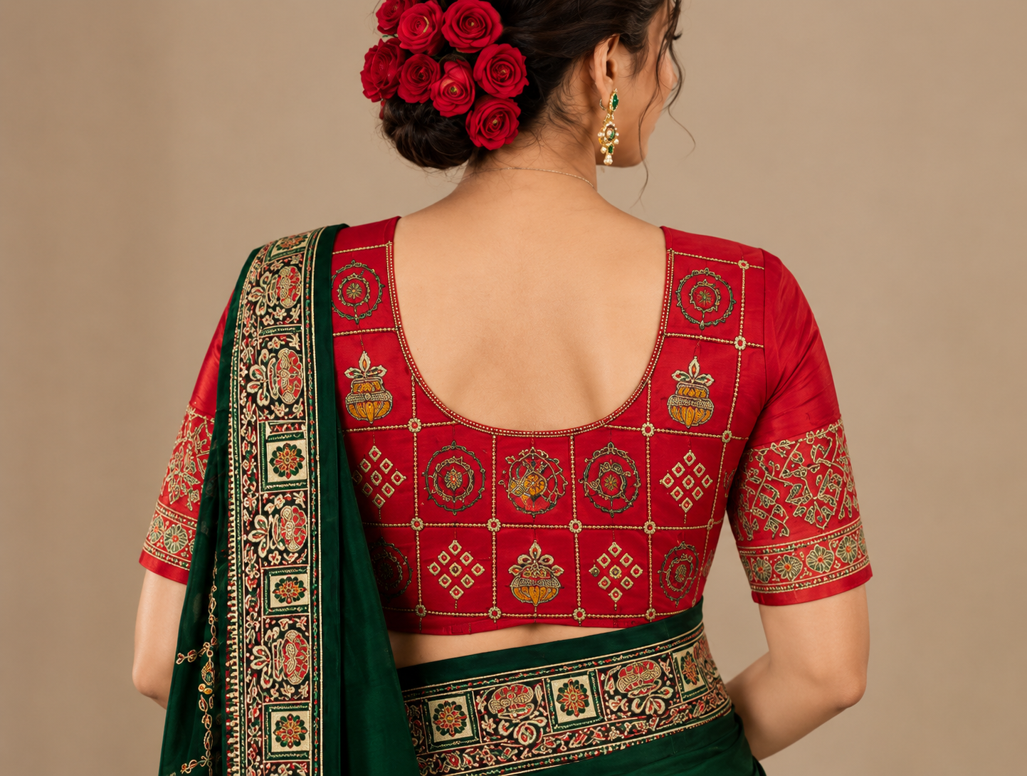 Women's Vichitra Silk Patola Embroidery Saree with Contrast Unstitched Blouse Piece - Image 4