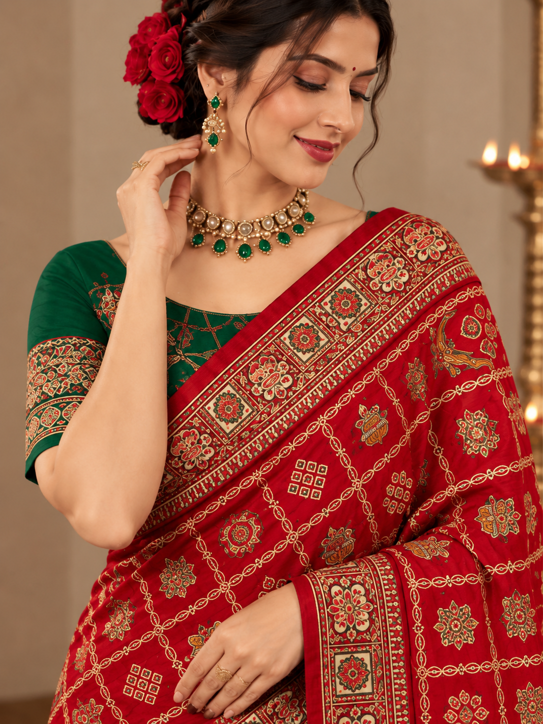 Women's Vichitra Silk Patola Embroidery Saree with Contrast Unstitched Blouse Piece - Image 17