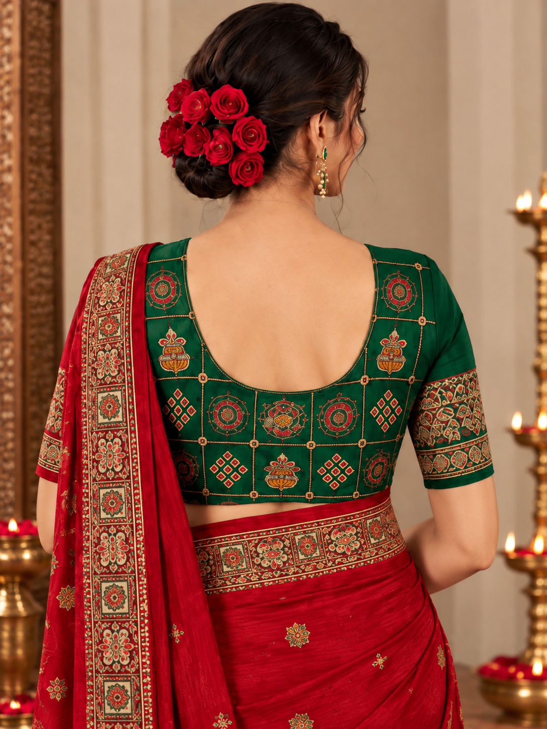 Women's Vichitra Silk Patola Embroidery Saree with Contrast Unstitched Blouse Piece - Image 18