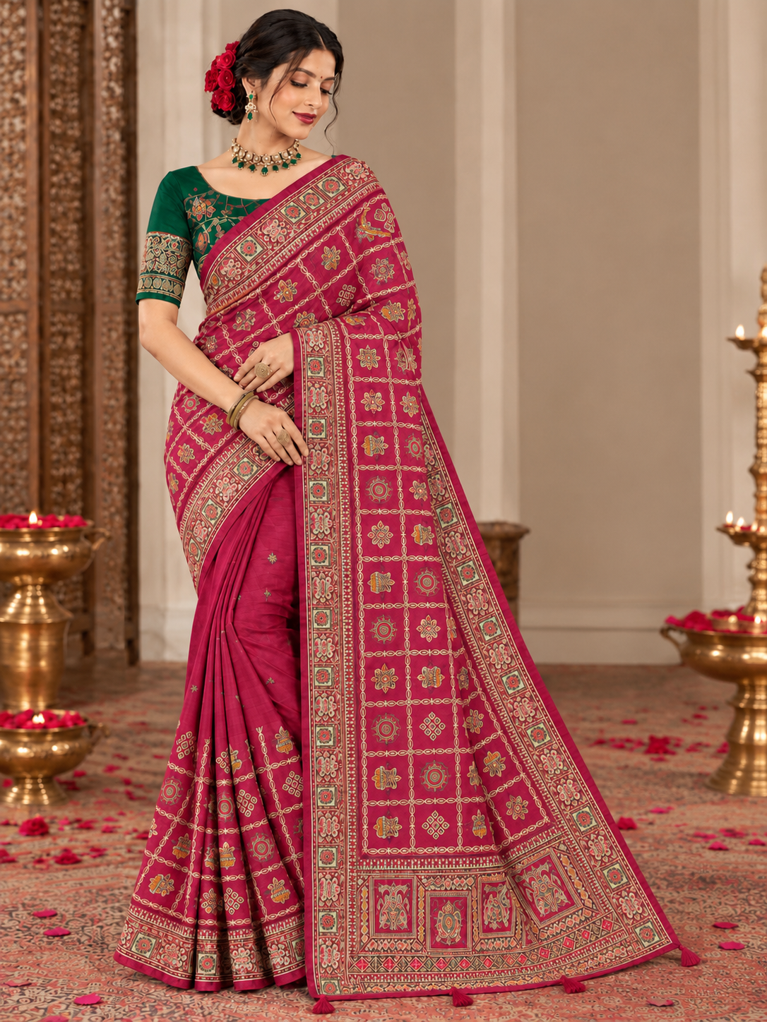 Women's Vichitra Silk Patola Embroidery Saree with Contrast Unstitched Blouse Piece - Image 13