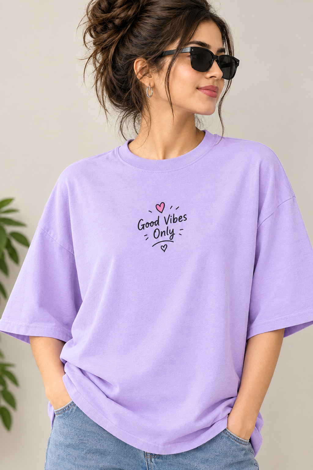 Good Vibes Only Oversized T-Shirt for Women – 100% Pure Cotton | Lavender