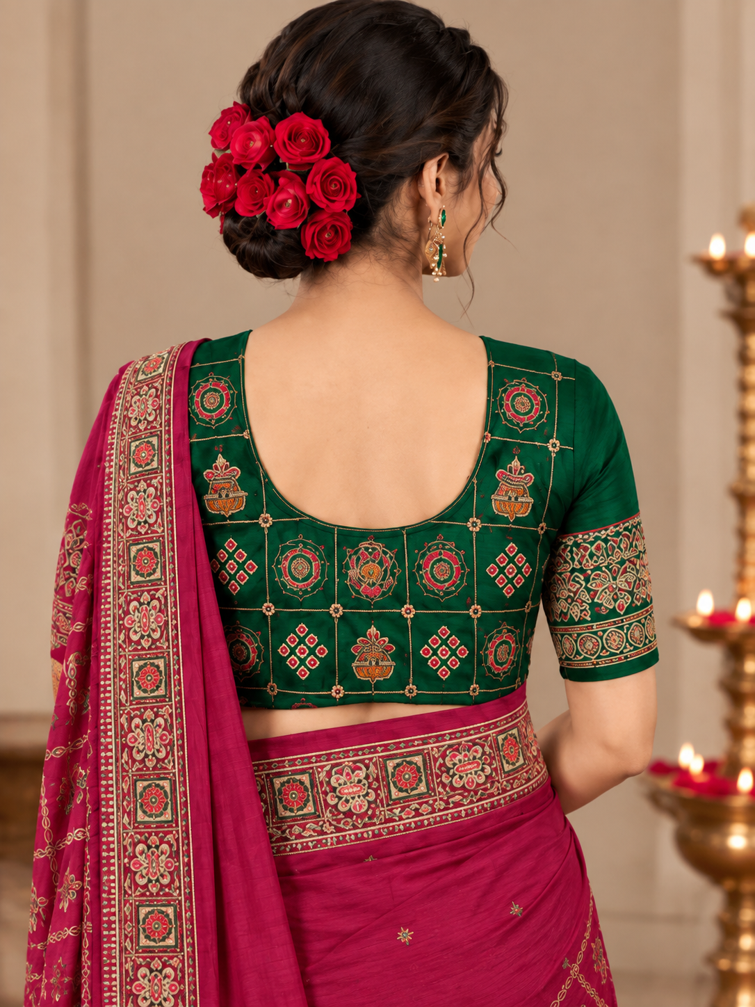 Women's Vichitra Silk Patola Embroidery Saree with Contrast Unstitched Blouse Piece - Image 12