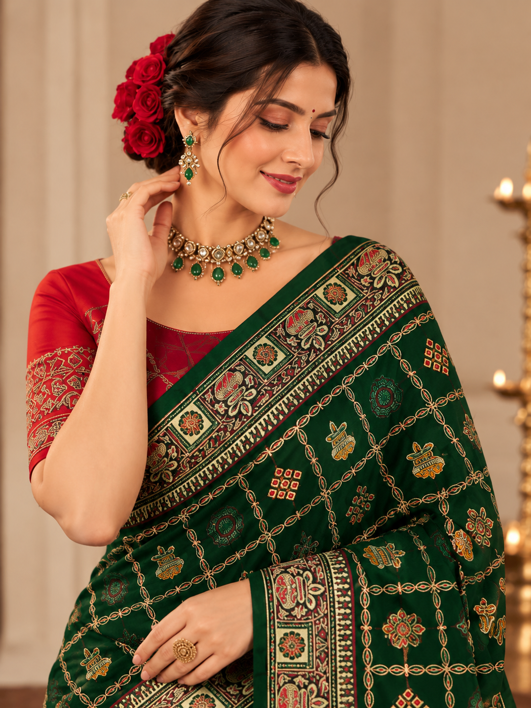 Women's Vichitra Silk Patola Embroidery Saree with Contrast Unstitched Blouse Piece - Image 3