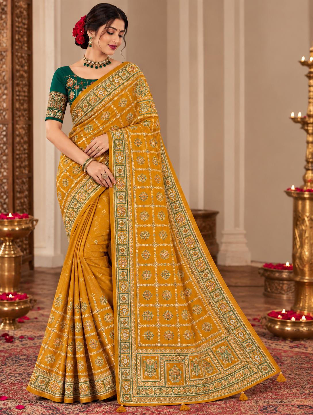 Women's Vichitra Silk Patola Embroidery Saree with Contrast Unstitched Blouse Piece - Image 9