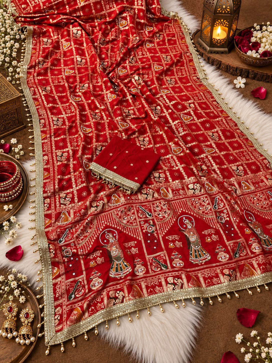 Red Dola Viscose Silk Meena Saree with Handwork, Mirror Work & Heavy Border - Image 3