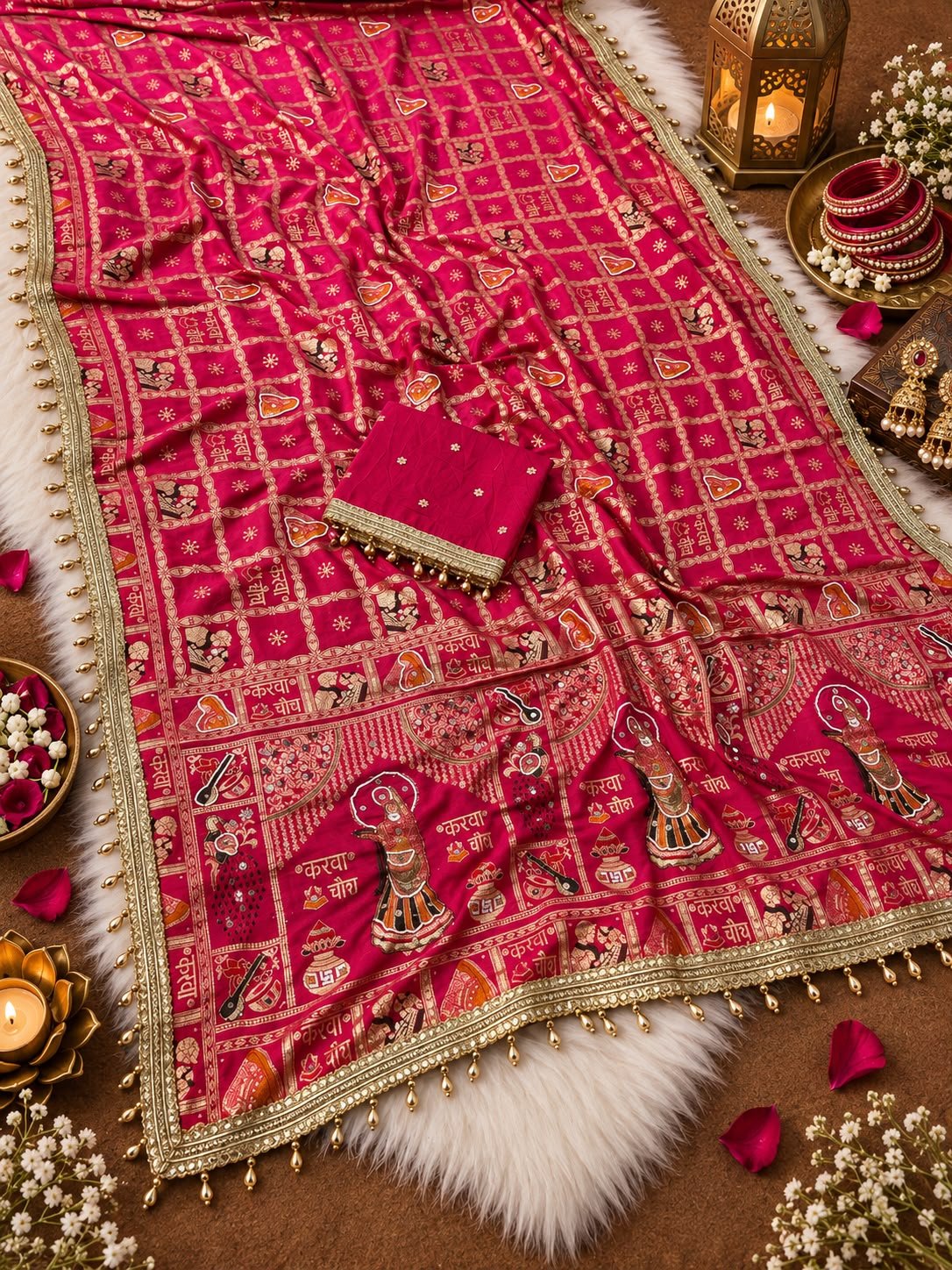Karwa Chauth / Teej Special Dola Viscose Silk Meena Saree with Handwork & Mirror Work-Pink Color - Image 3