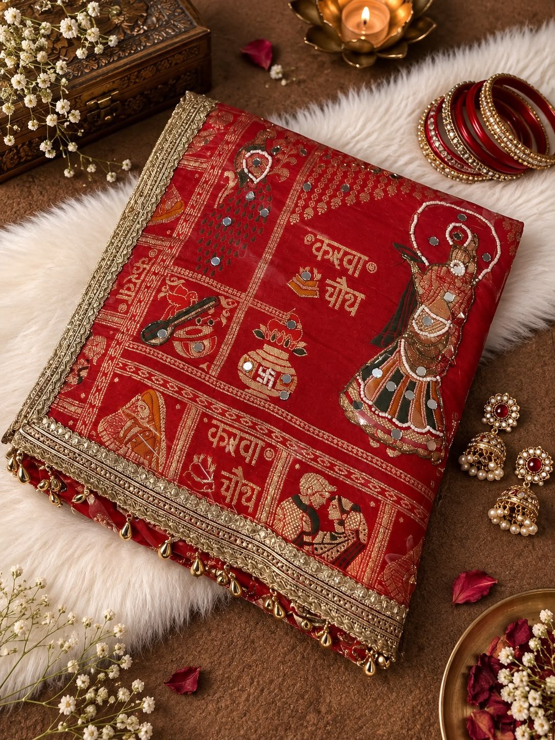 Red Dola Viscose Silk Meena Saree with Handwork, Mirror Work & Heavy Border - Image 2