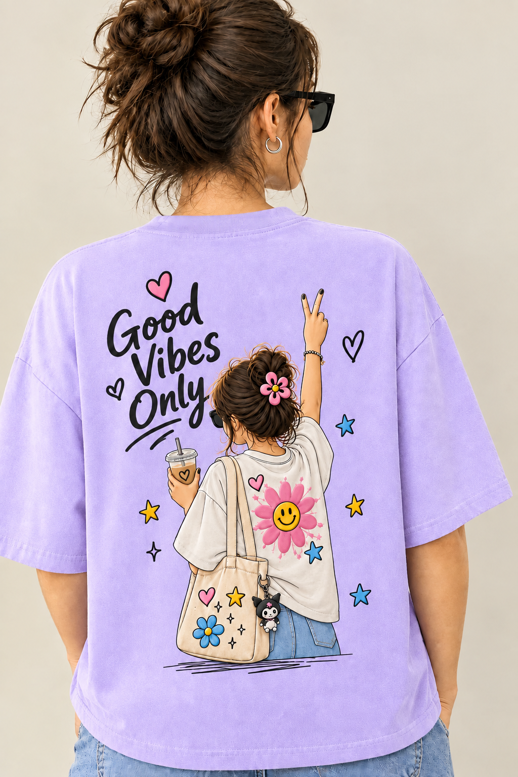 Good Vibes Only Oversized T-Shirt for Women – 100% Pure Cotton | Lavender - Image 2