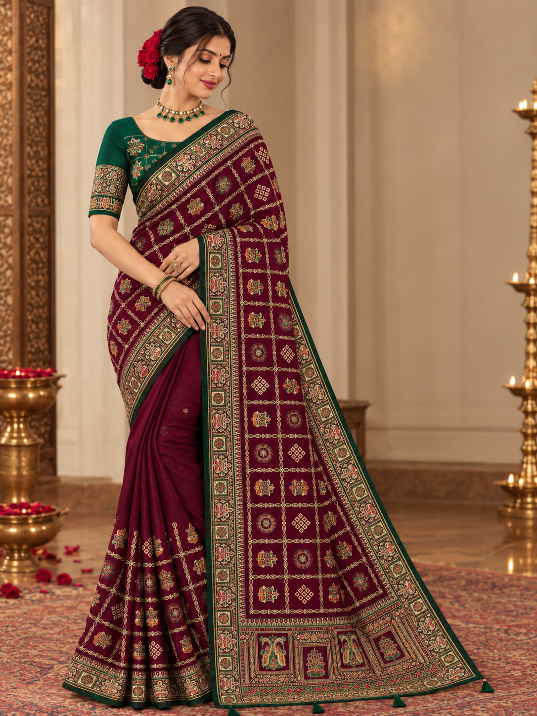 Women's Vichitra Silk Patola Embroidery Saree with Contrast Unstitched Blouse Piece - Image 6
