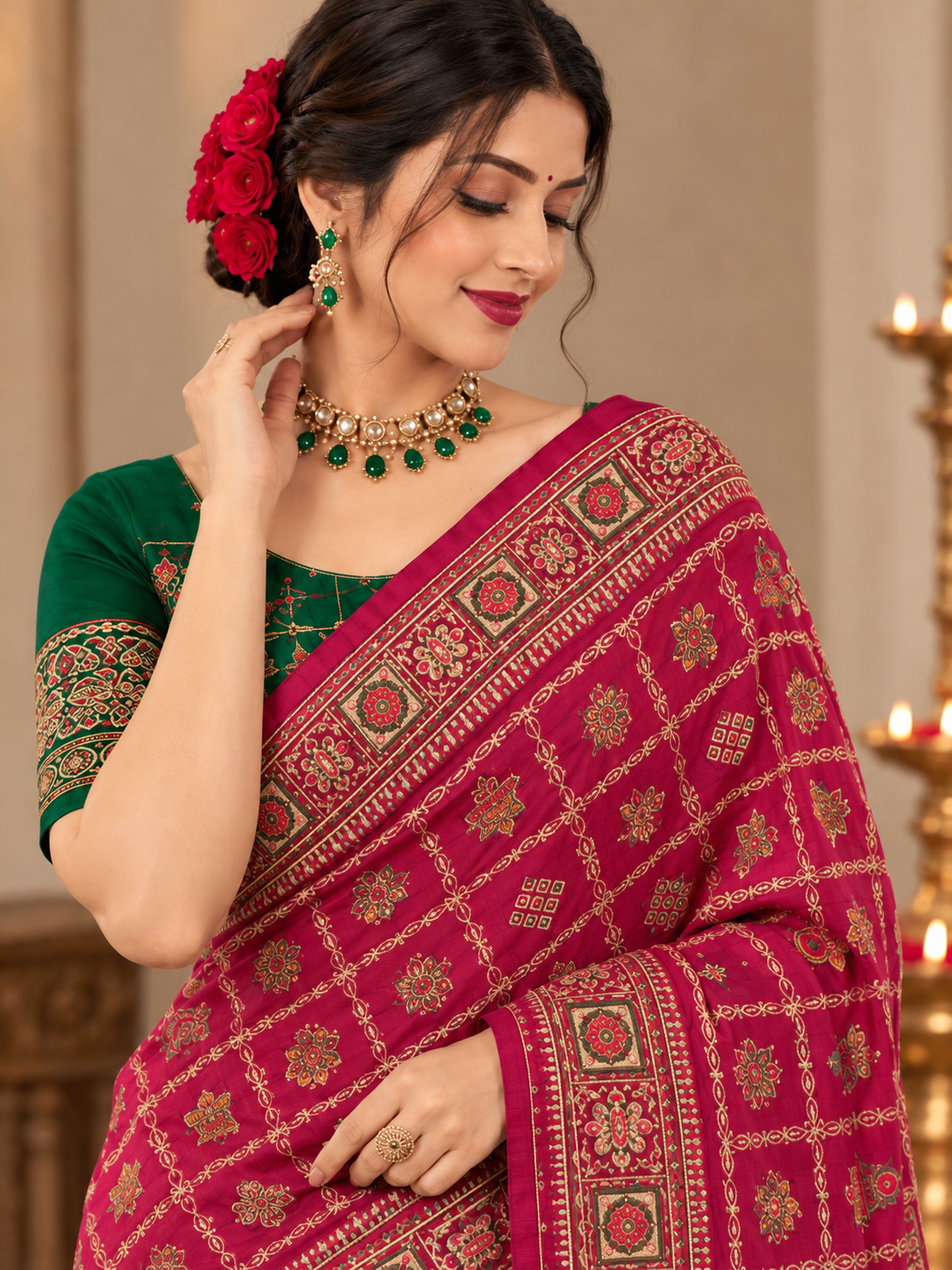 Women's Vichitra Silk Patola Embroidery Saree with Contrast Unstitched Blouse Piece - Image 11