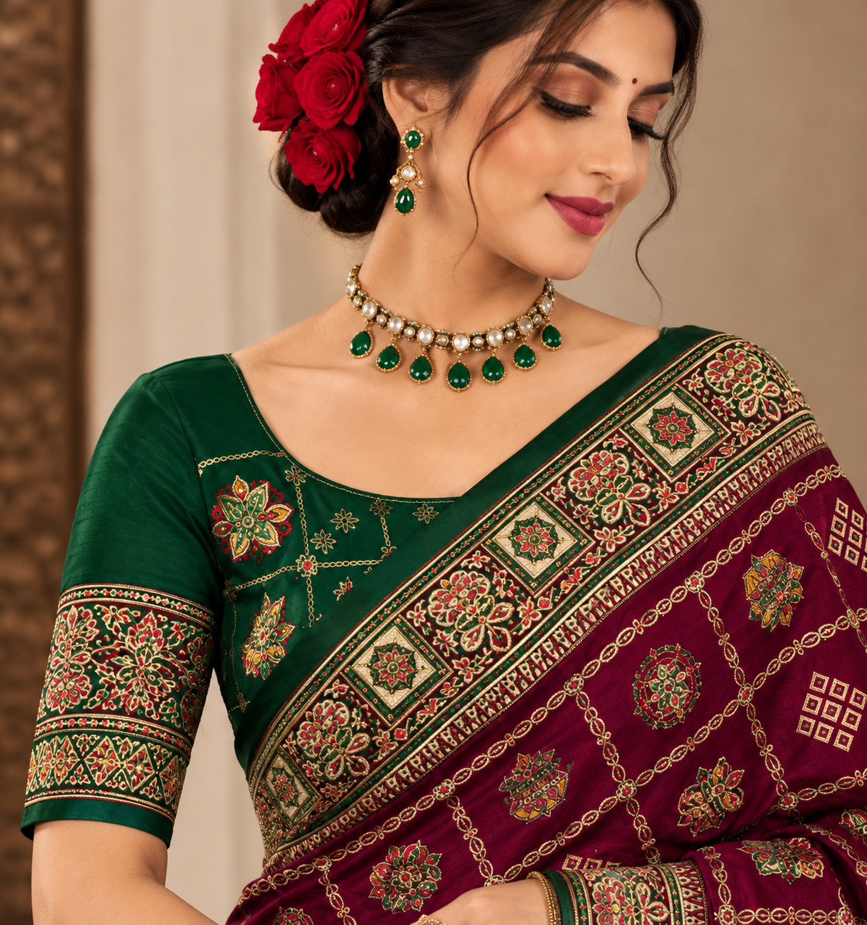 Women's Vichitra Silk Patola Embroidery Saree with Contrast Unstitched Blouse Piece - Image 7