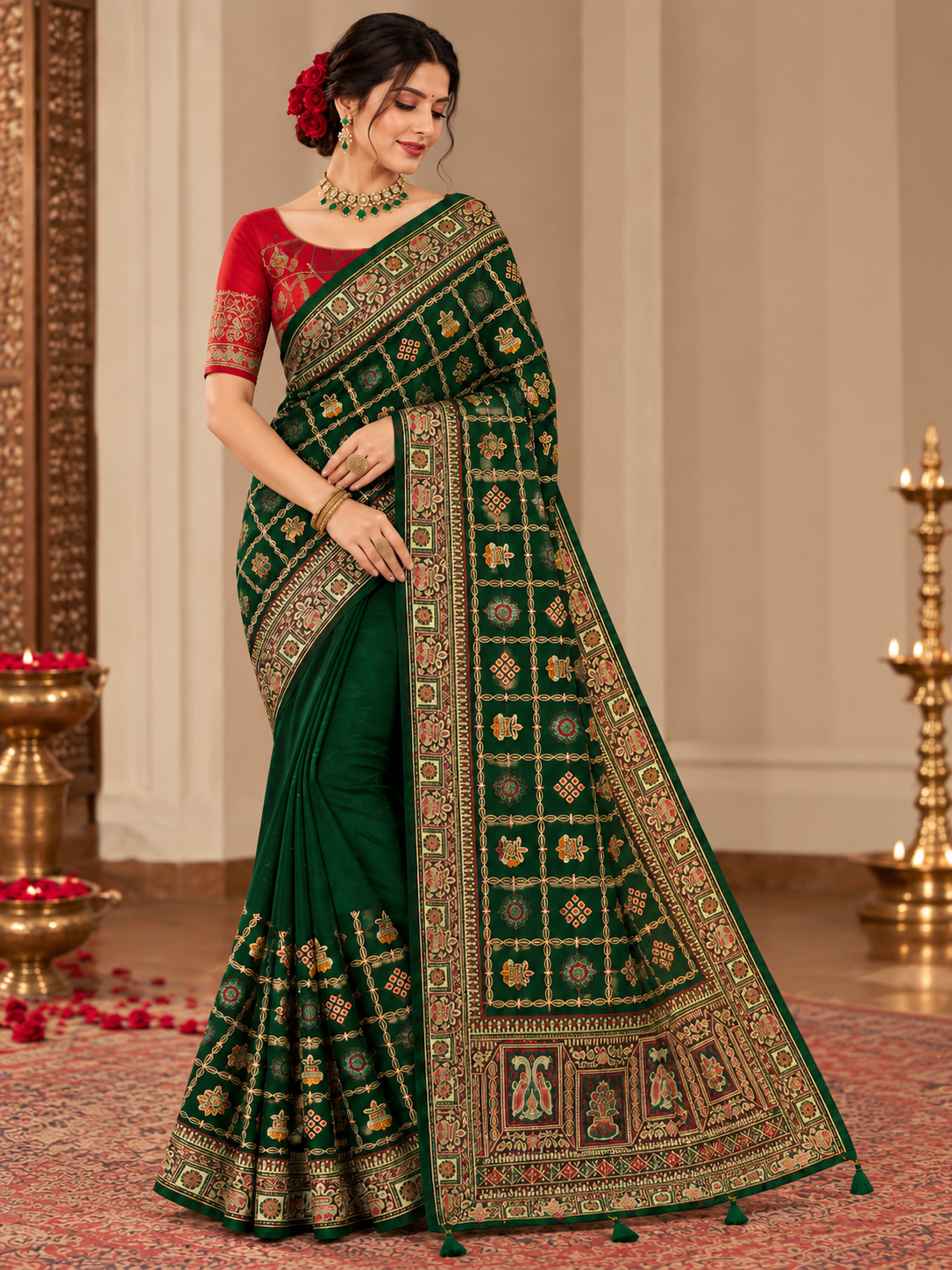 Women's Vichitra Silk Patola Embroidery Saree with Contrast Unstitched Blouse Piece - Image 5