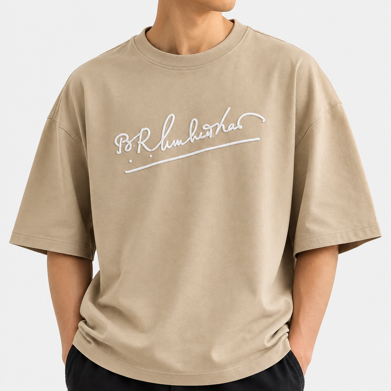 Classic Beige Oversized T-Shirt – Signature Printed Front - Image 2