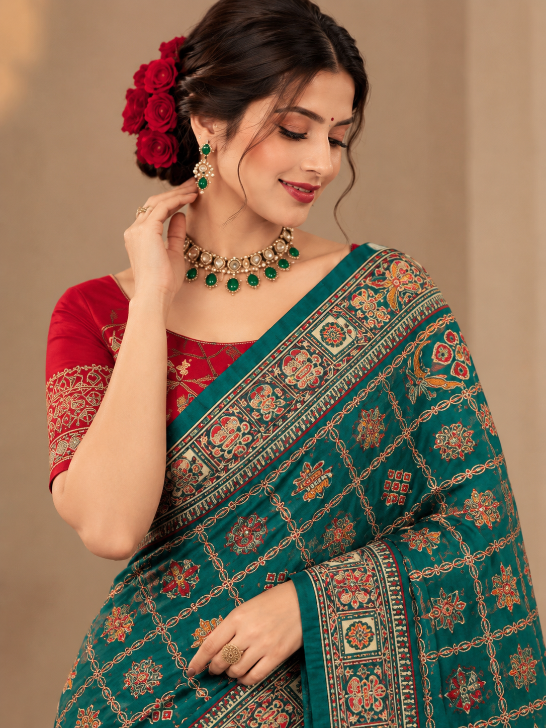 Women's Vichitra Silk Patola Embroidery Saree with Contrast Unstitched Blouse Piece - Image 15