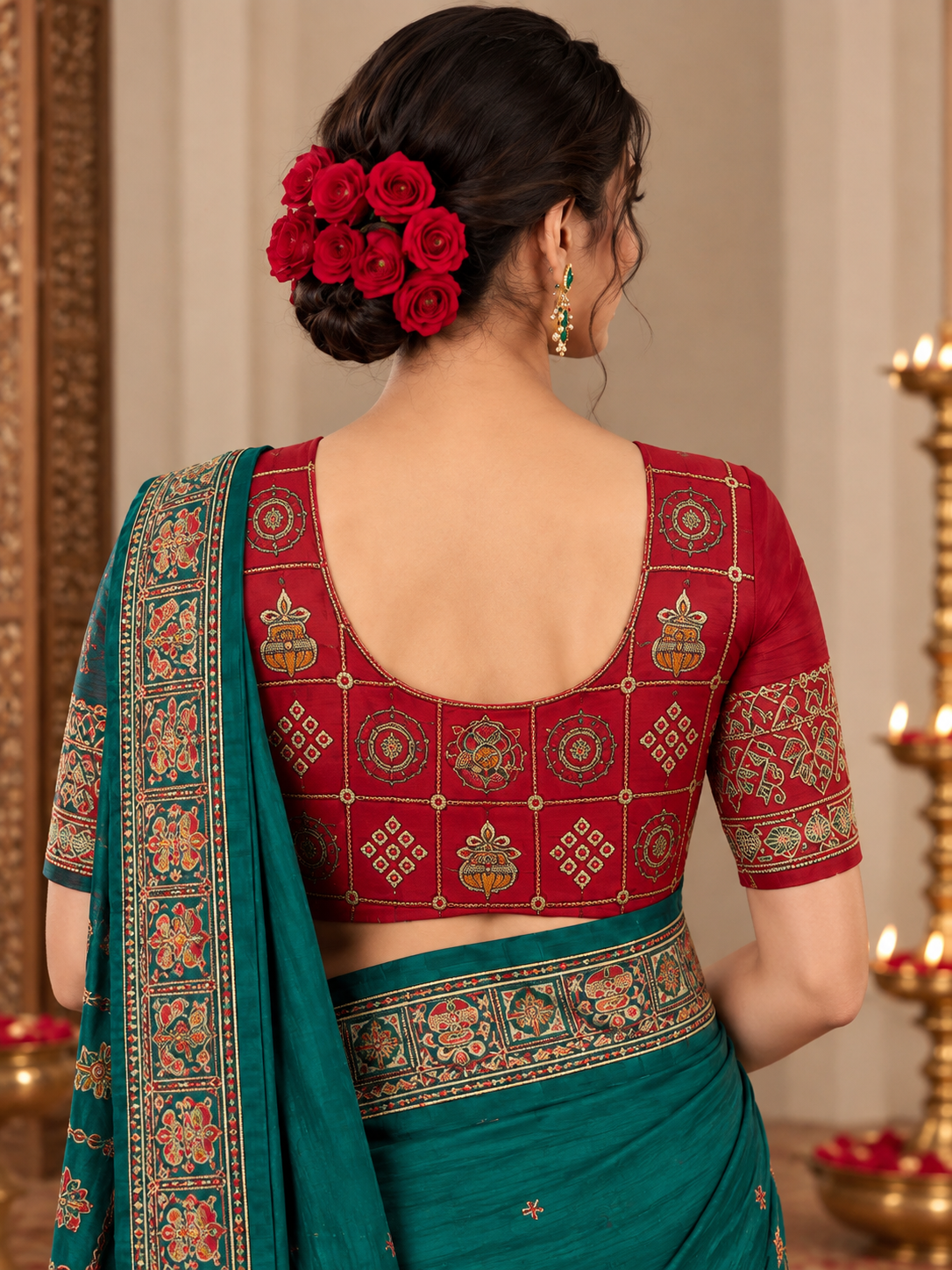 Women's Vichitra Silk Patola Embroidery Saree with Contrast Unstitched Blouse Piece - Image 14