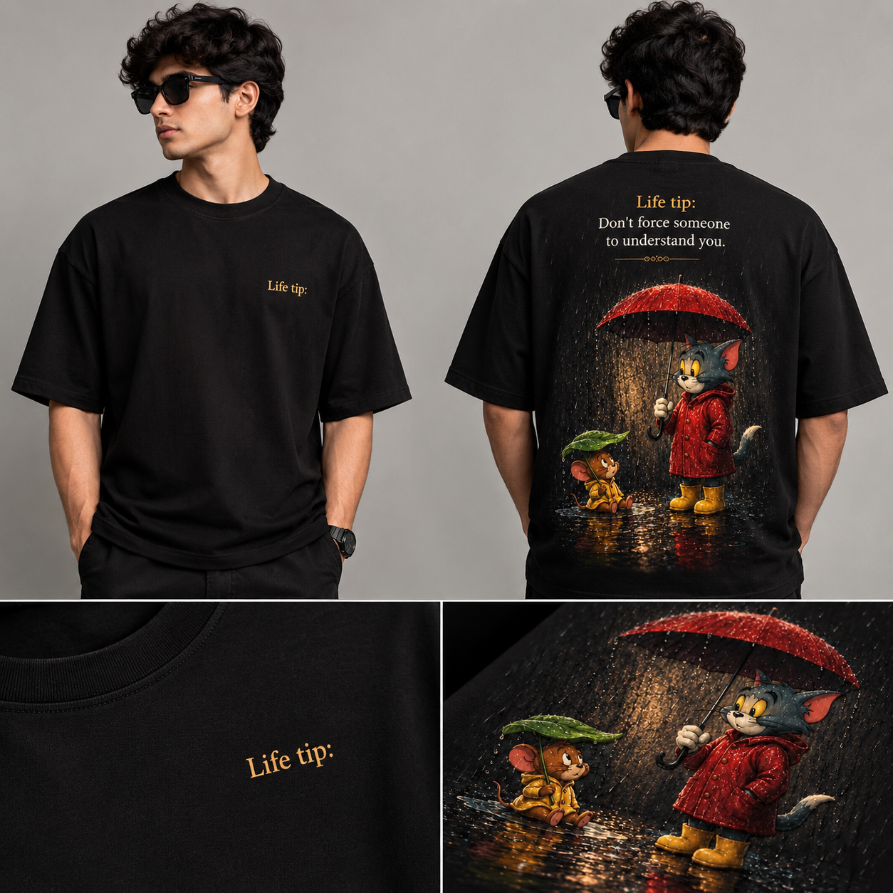 Life Tip Graphic Oversized Black T-Shirt | Premium Back Print - Image 2