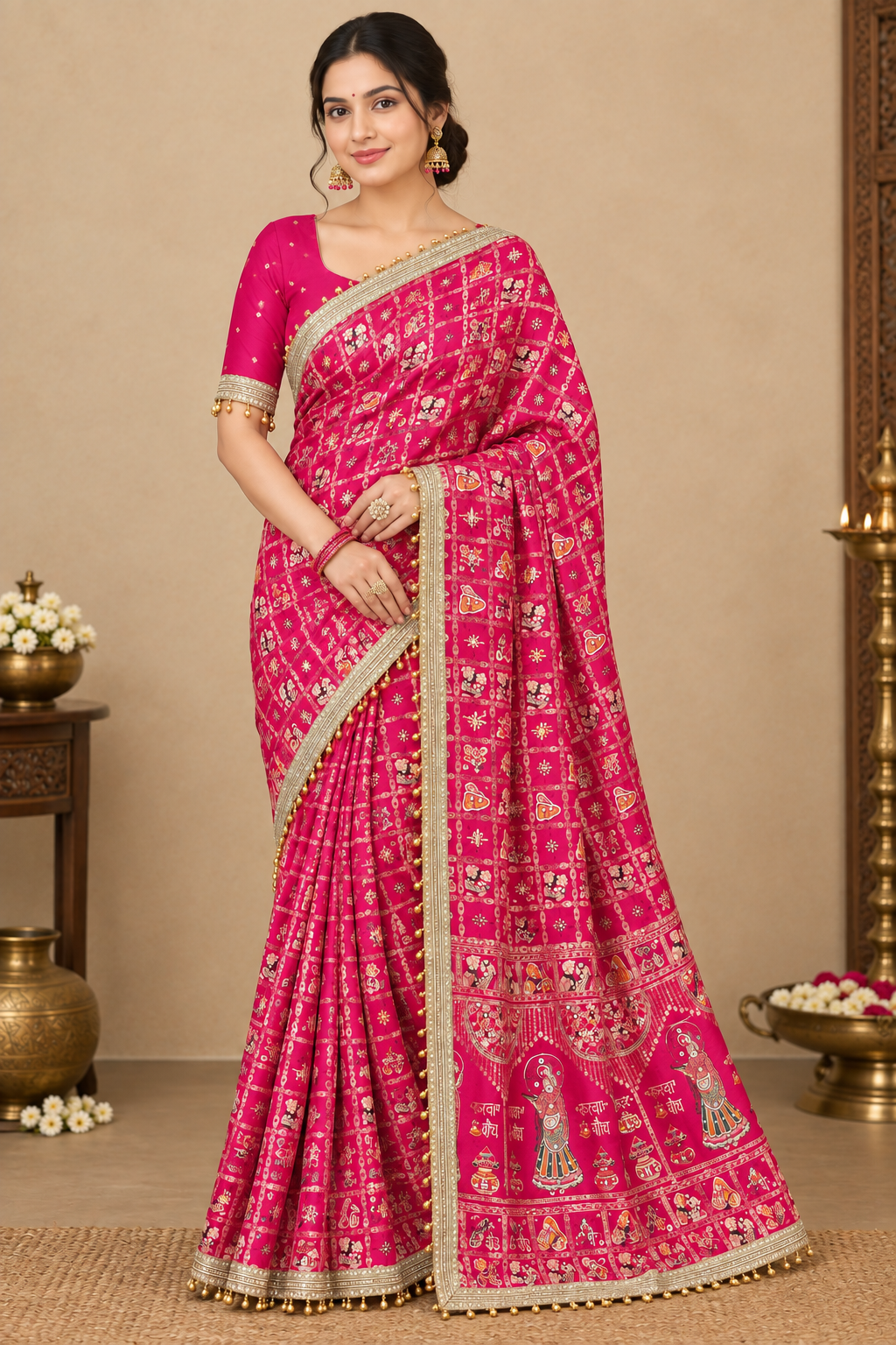 Karwa Chauth / Teej Special Dola Viscose Silk Meena Saree with Handwork & Mirror Work-Pink Color