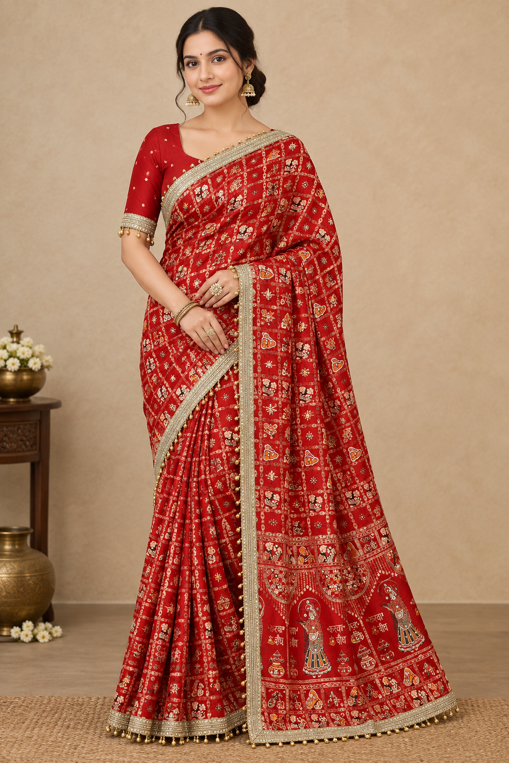 Red Dola Viscose Silk Meena Saree with Handwork, Mirror Work & Heavy Border