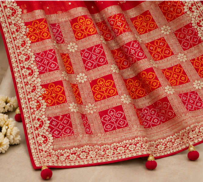 Red Gota Work Dola Viscose Silk Designer Saree - Image 2