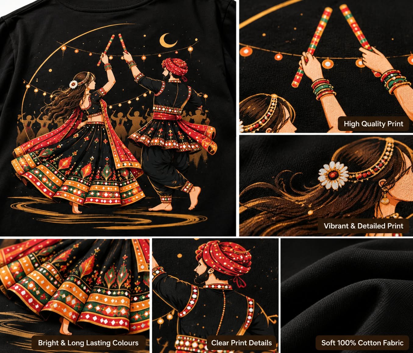 Garba Nights Graphic Oversized Black T-Shirt - Image 3