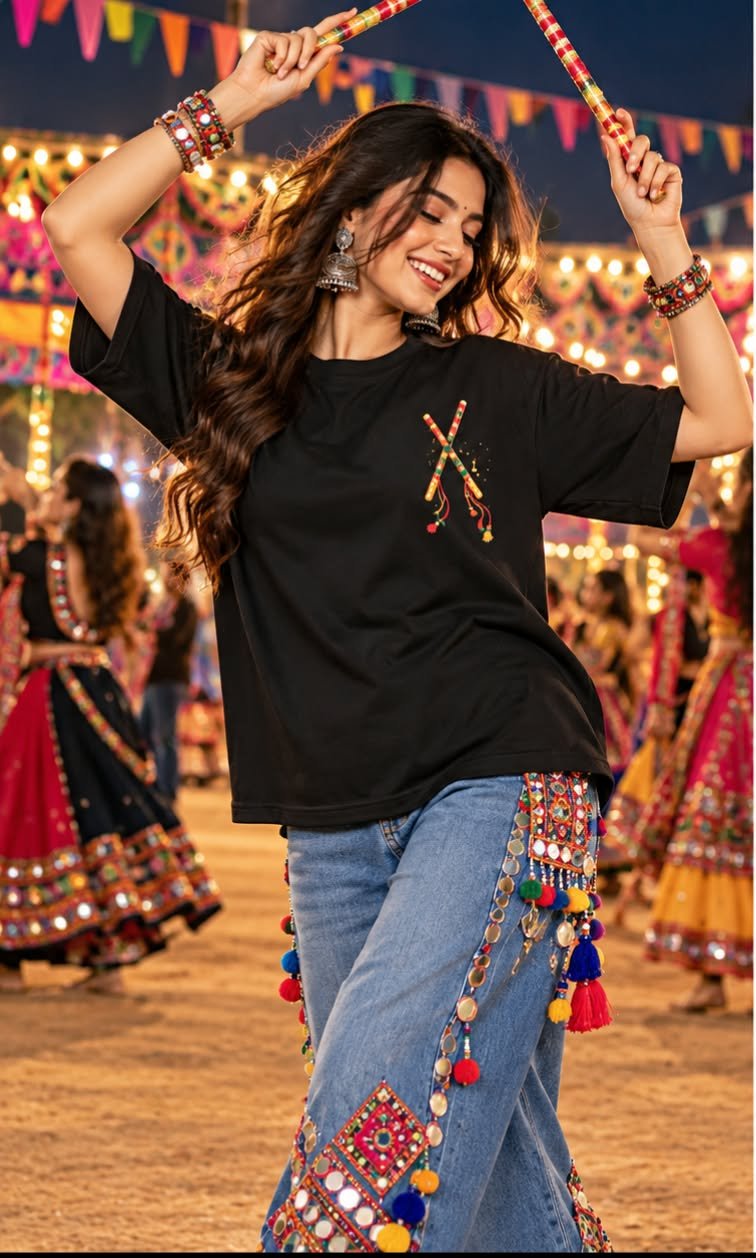 Garba Nights Graphic Oversized Black T-Shirt - Image 2