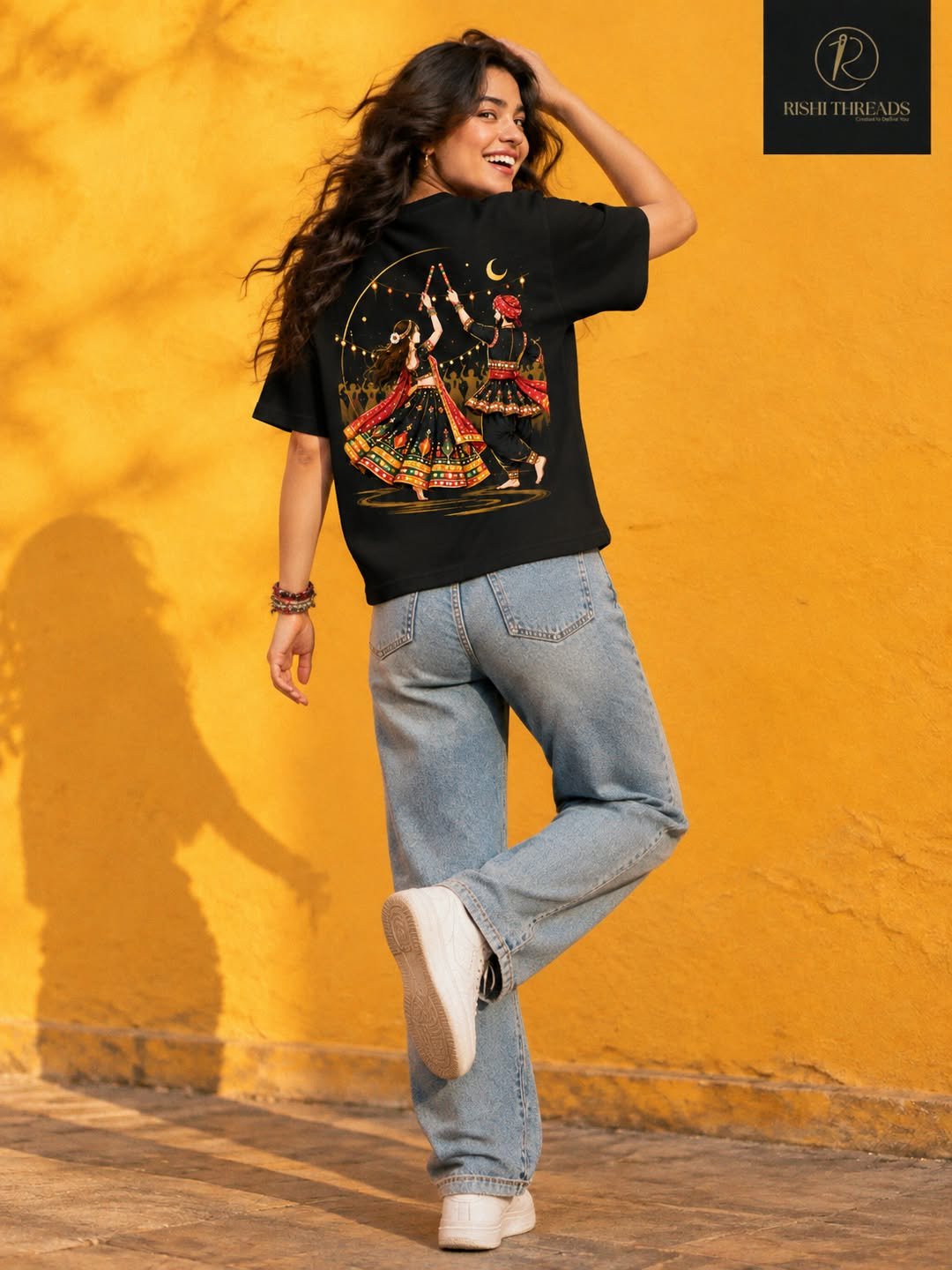 Garba Nights Graphic Oversized Black T-Shirt