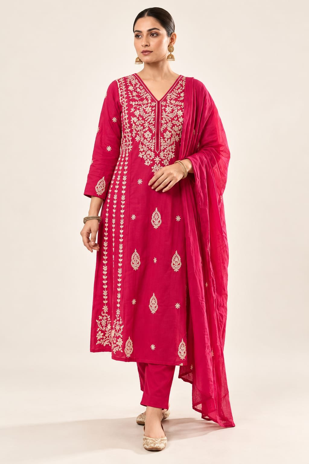 Women’s Rani Pink Embroidered Flared Kurta Set with Matching Pants & Dupatta