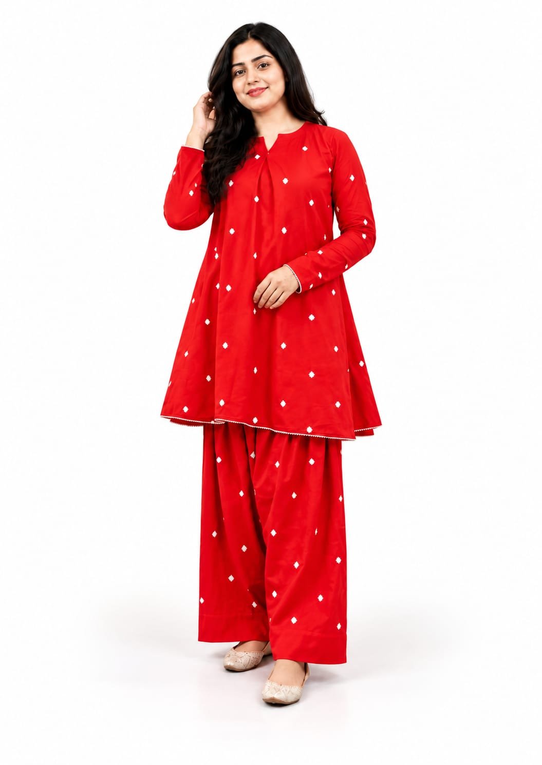 Women’s Red Printed Kurta Farshi Set with White printed Butti Work