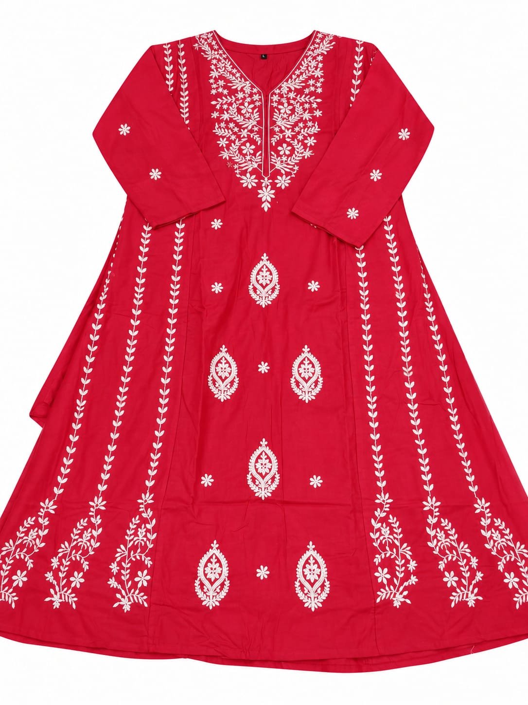 Women’s Rani Pink Embroidered Flared Kurta Set with Matching Pants & Dupatta - Image 2