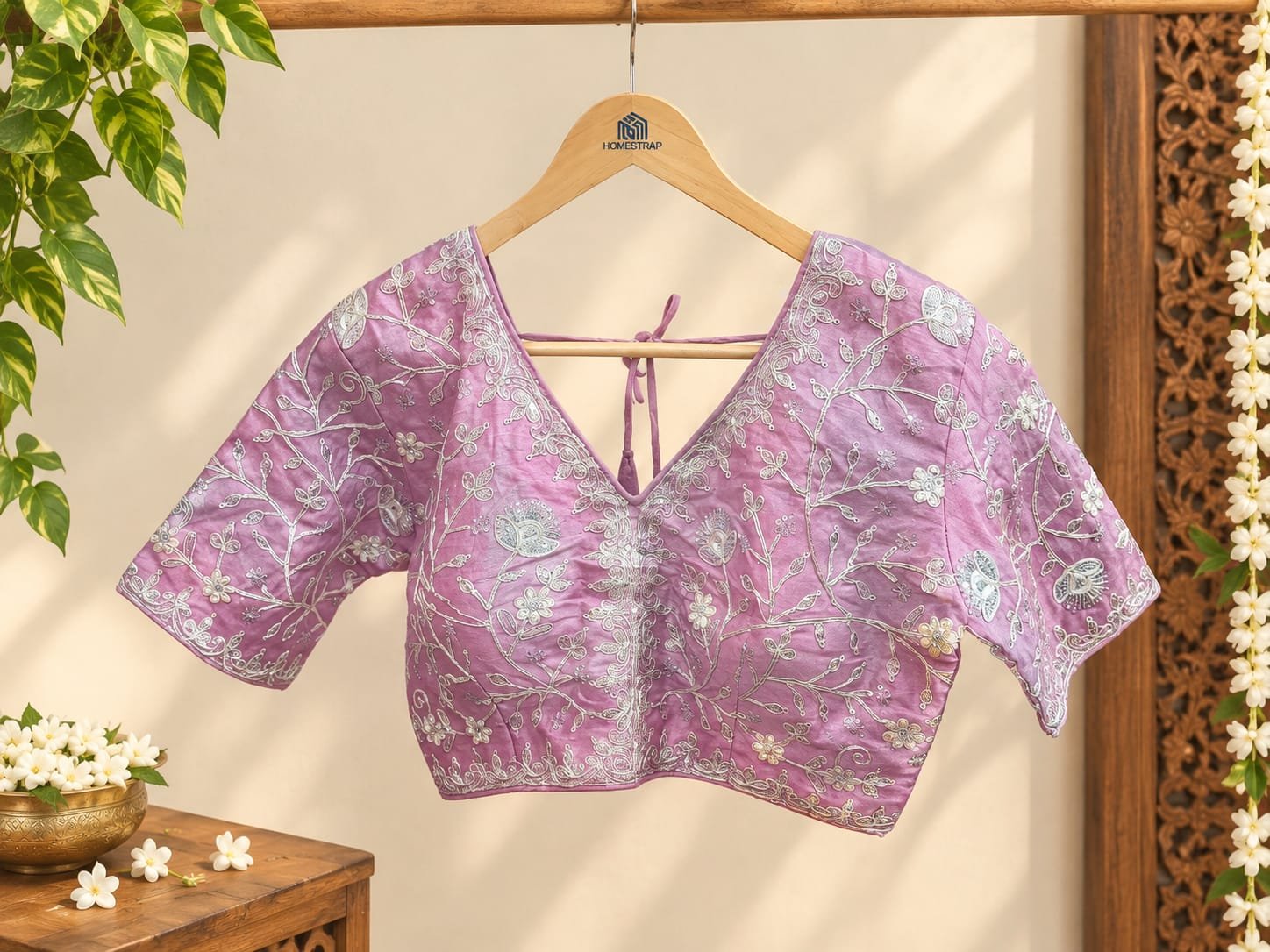 Lavender Rangoli Silk Saree with Designer Embroidered Border and Stitched Blouse Piece - Image 3