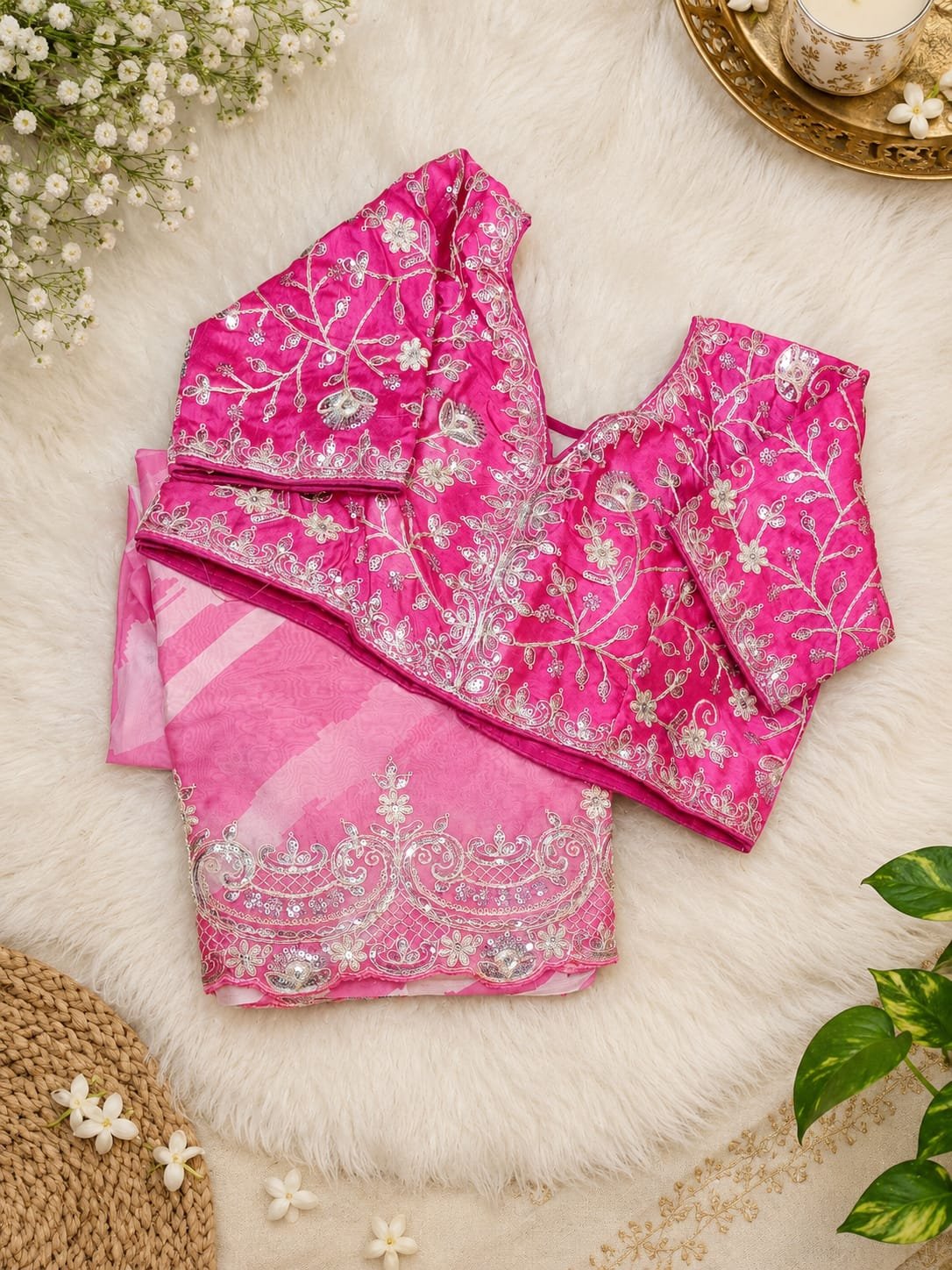 Fusica Pink Rangoli Silk Saree with Designer Embroidered Border and Stitched Blouse Piece - Image 2
