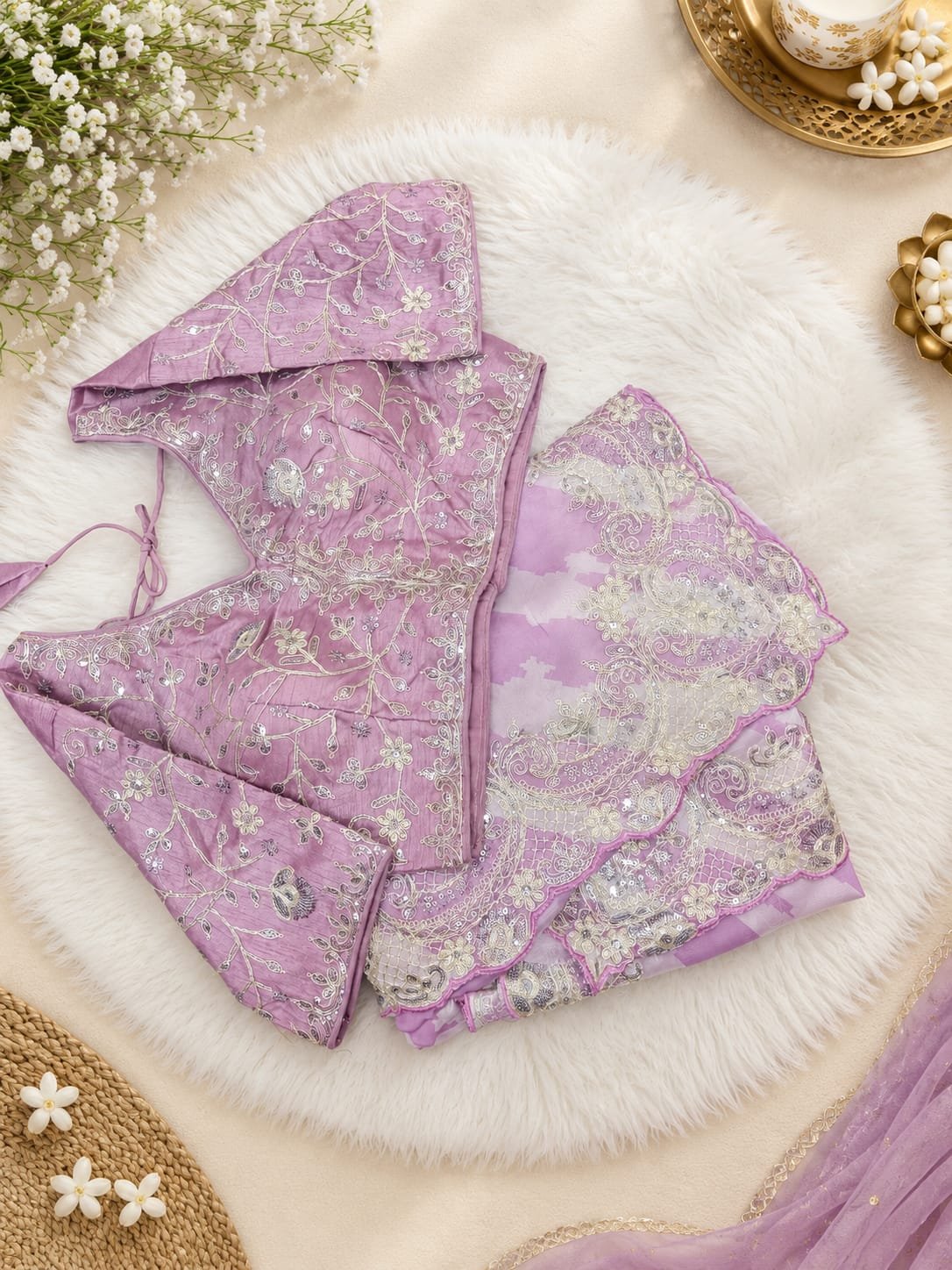 Lavender Rangoli Silk Saree with Designer Embroidered Border and Stitched Blouse Piece - Image 2