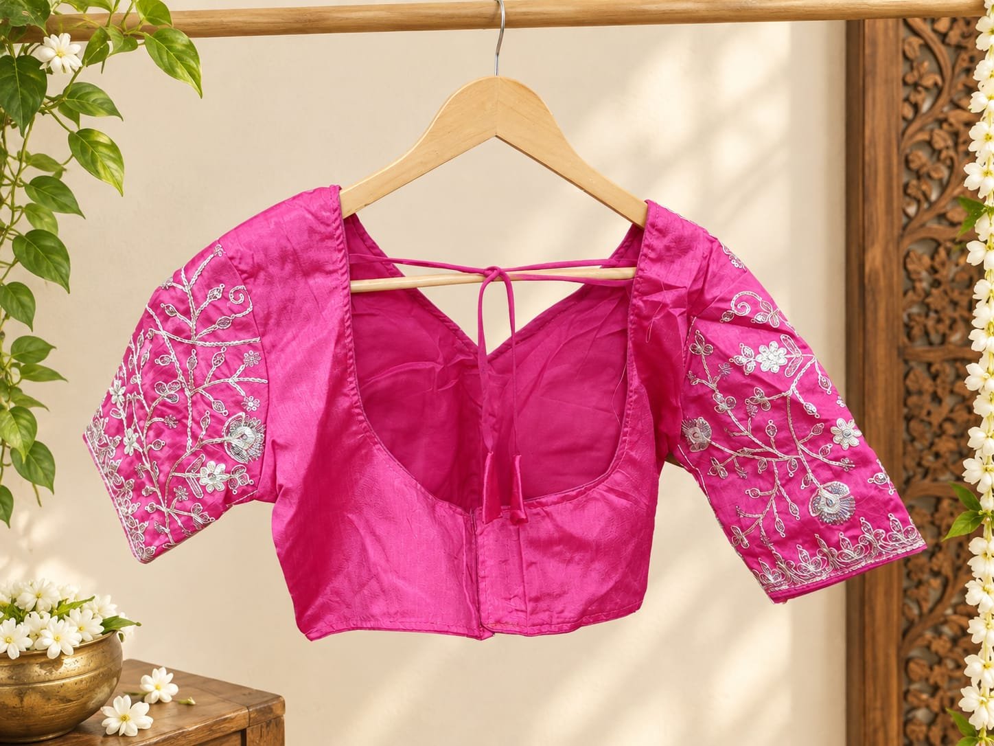 Fusica Pink Rangoli Silk Saree with Designer Embroidered Border and Stitched Blouse Piece - Image 4