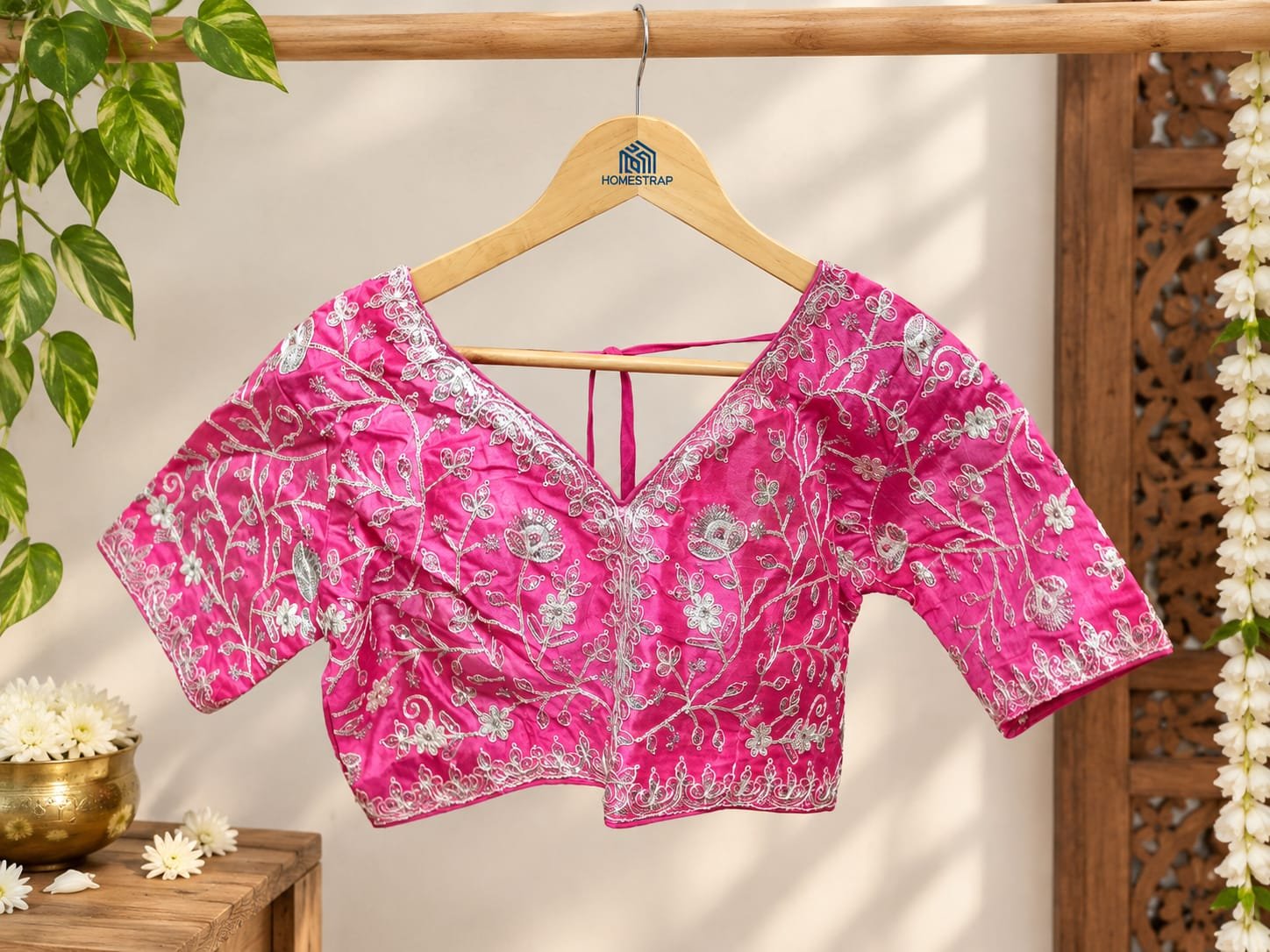 Fusica Pink Rangoli Silk Saree with Designer Embroidered Border and Stitched Blouse Piece - Image 3