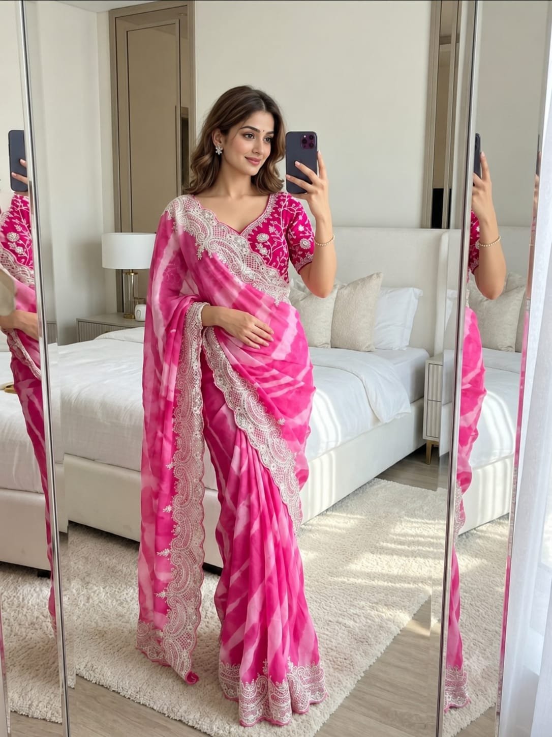 Fusica Pink Rangoli Silk Saree with Designer Embroidered Border and Stitched Blouse Piece