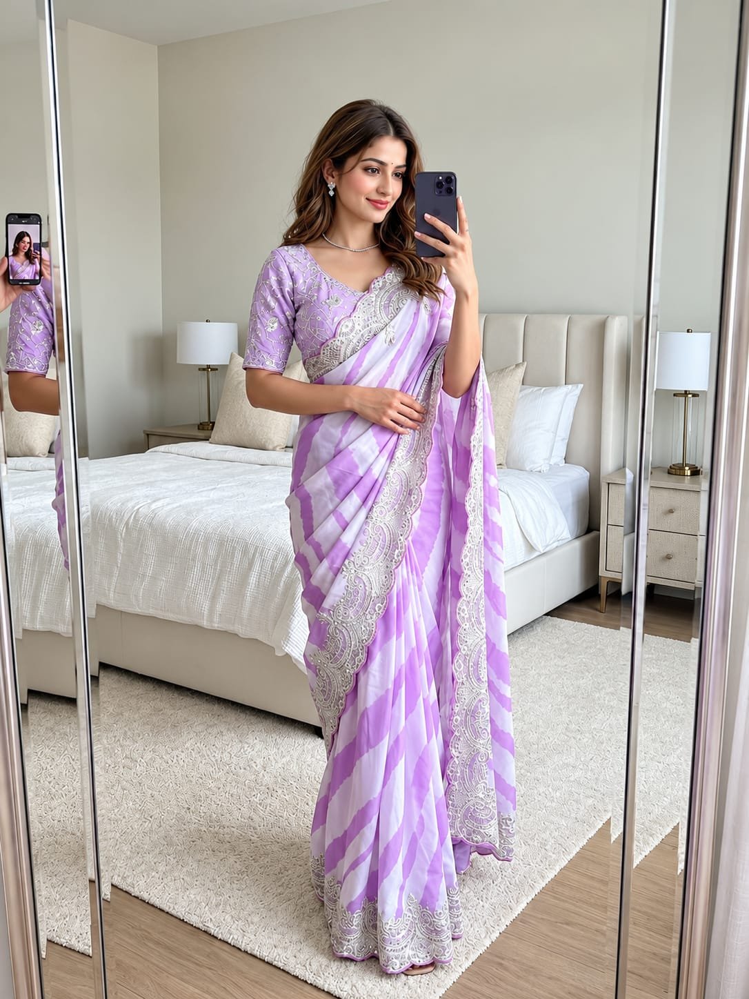 Lavender Rangoli Silk Saree with Designer Embroidered Border and Stitched Blouse Piece