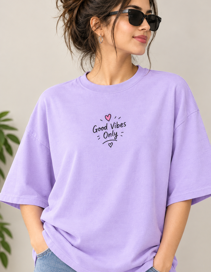 Good Vibes Only Oversized T-Shirt for Women – 100% Pure Cotton | Lavender