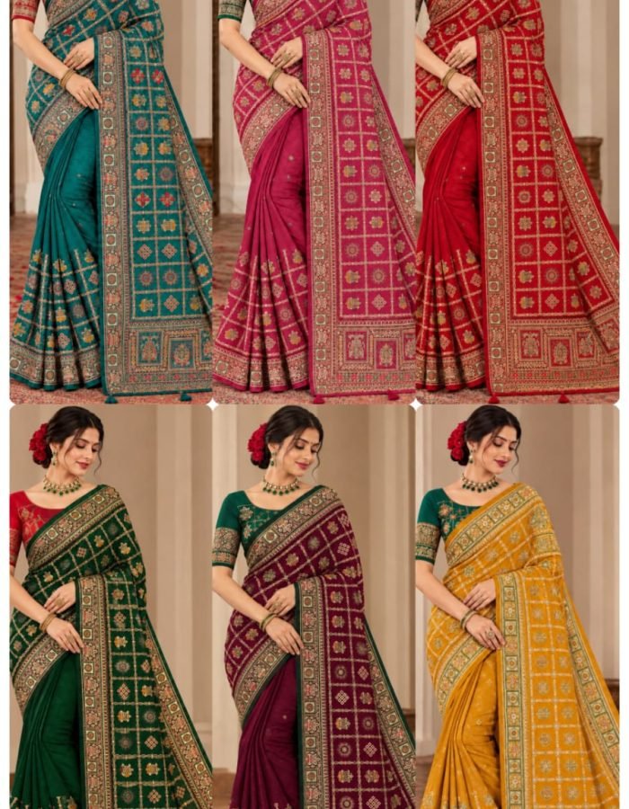 Women’s Vichitra Silk Patola Embroidery Saree with Contrast Unstitched Blouse Piece