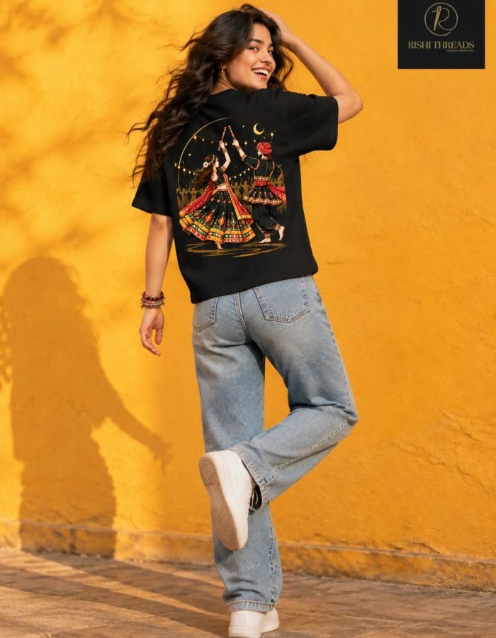 Garba Nights Graphic Oversized Black T-Shirt