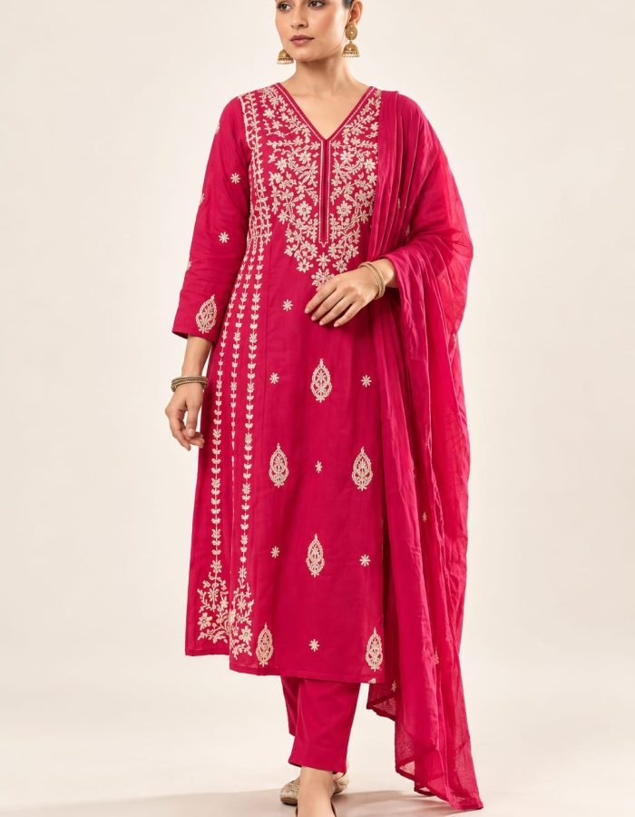 Women’s Rani Pink Embroidered Flared Kurta Set with Matching Pants & Dupatta