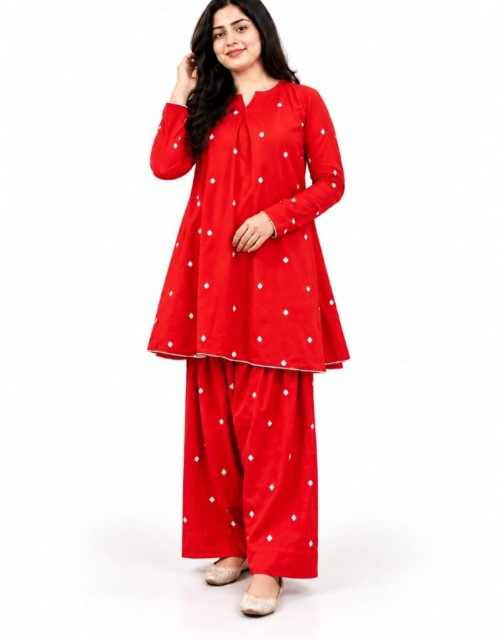 Women’s Red Printed Kurta Farshi Set with White printed Butti Work