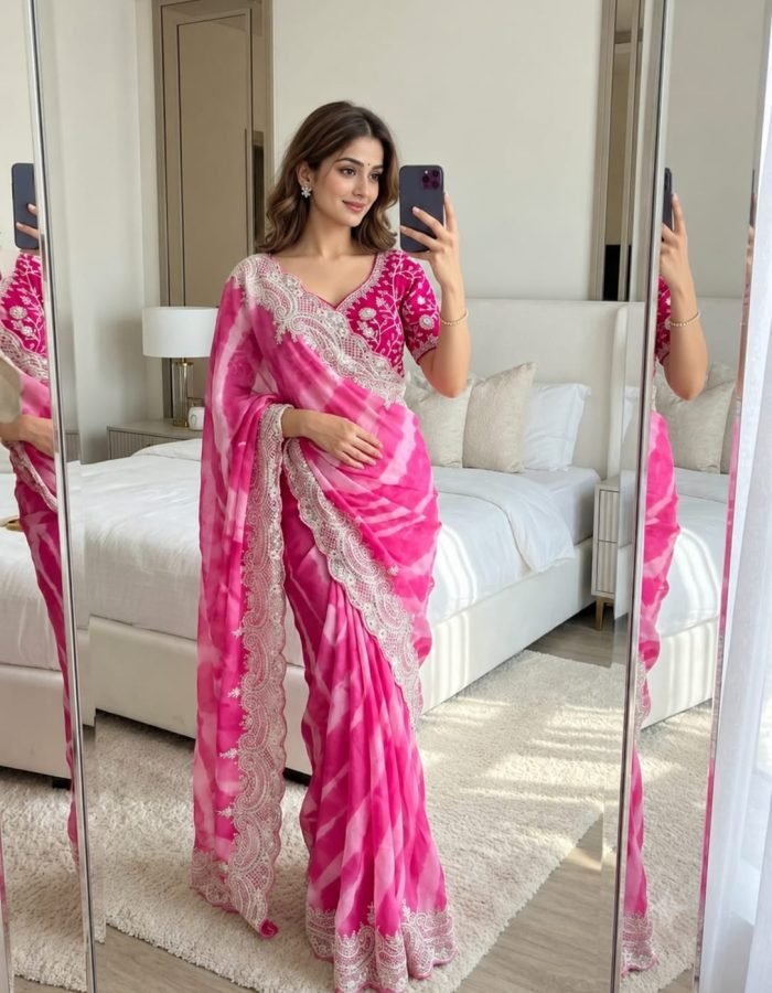 Fusica Pink Rangoli Silk Saree with Designer Embroidered Border and Stitched Blouse Piece