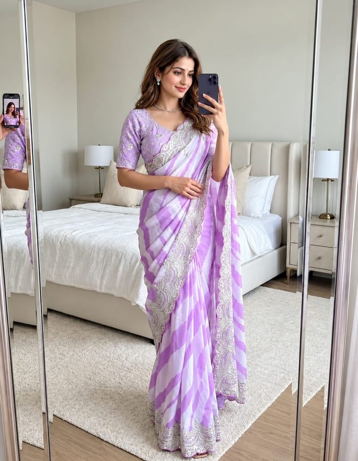 Lavender Rangoli Silk Saree with Designer Embroidered Border and Stitched Blouse Piece