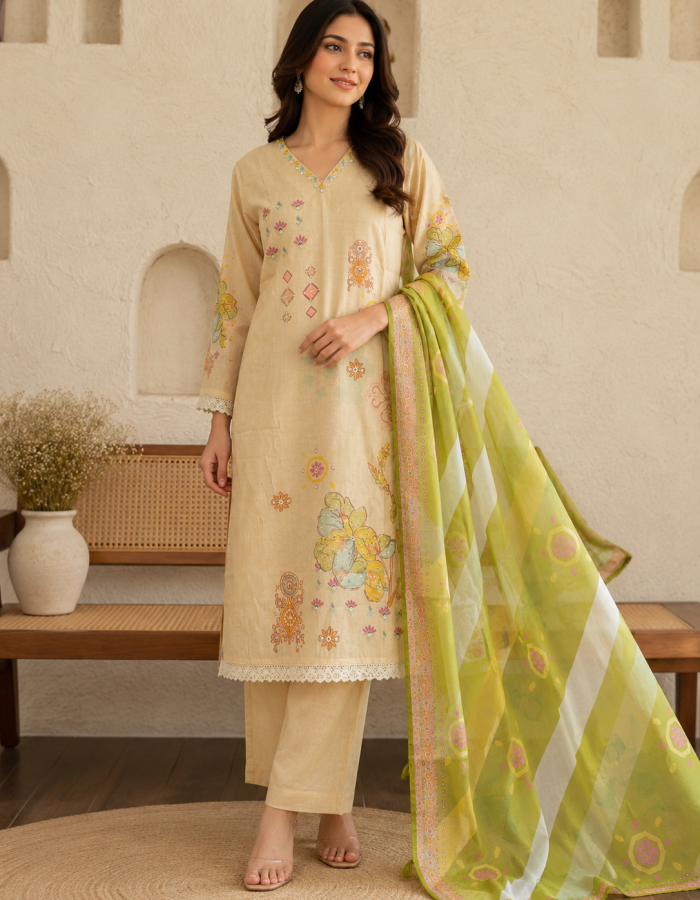 Premium Tussar Silk Handwork 3 Piece Palazzo Pant Set