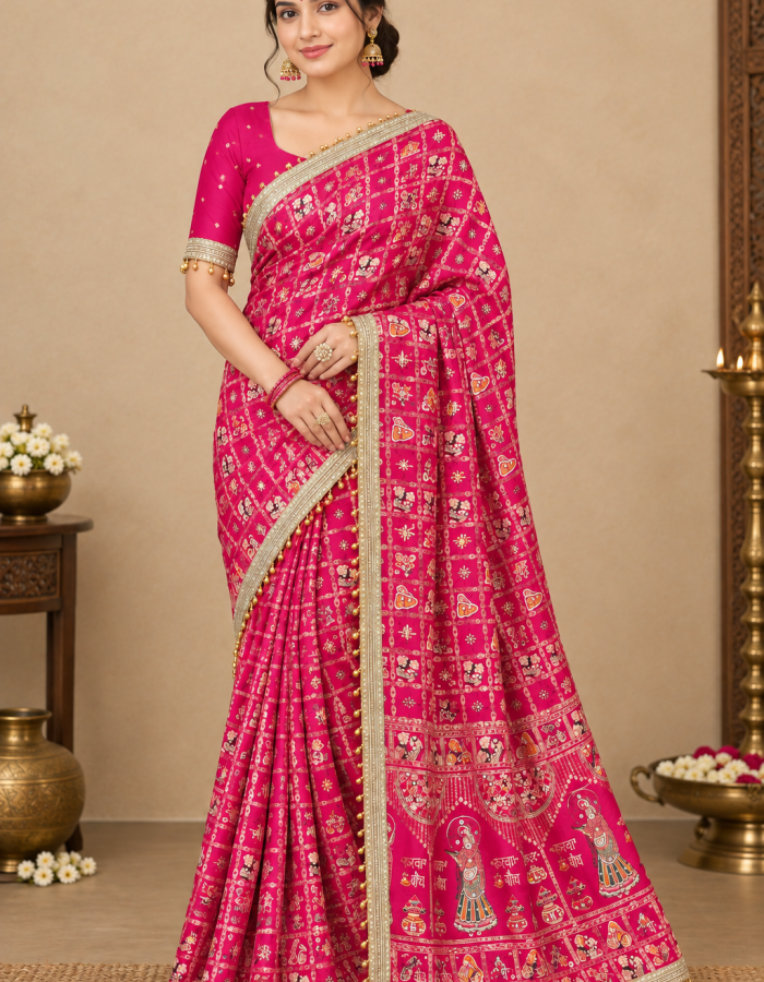 Karwa Chauth / Teej Special Dola Viscose Silk Meena Saree with Handwork & Mirror Work-Pink Color